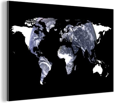 Wanddecoratie Metaal - Aluminium Schilderij Industrieel - Wereldkaart - Zwart - Wit - Wereldbol - 120x80 cm - Dibond - Foto op aluminium - Industriële muurdecoratie - Voor de woonkamer/slaapkamer