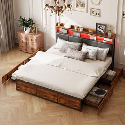 Gestoffeerd bed met LED-verlichting en 4 opberglades, 160x200 cm, hoofdbord van kunstleer, zwart ijzeren frame, eenvoudig te monteren, exclusief matras