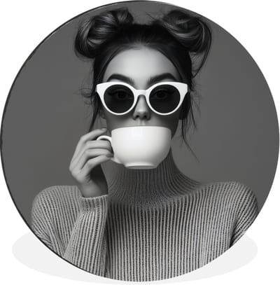 WallCircle - Wandcirkel - Muurcirkel - Vrouw - Koffie - Zwart - Wit - Aluminium - Dibond - 30x30 cm - Binnen en Buiten