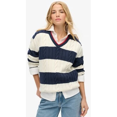 Superdry Oversized Kabeltrui met V-hals en Strepen Blauw Grootte: 42-44