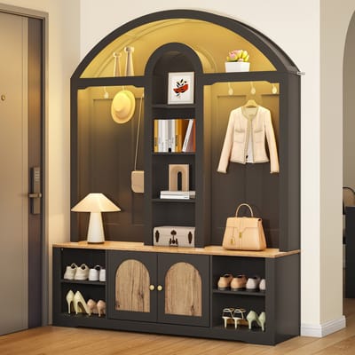 OKWISH Garderobekast - Gebogen Multifunctioneel Design - 3 Open Vakken - 2-deurs Onderkast - Met Metalen Haken - MDF Zwart/Houtlook - 150x40x195 cm