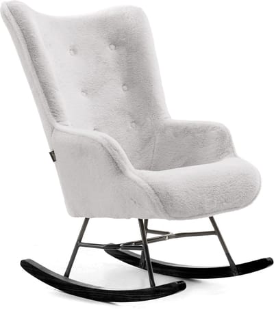 Aemely Schommelstoel Mama – Grijs imitatiebont – Zwart hout en staal - Schommelstoel babykamer - Fauteuil - Hoge rugleuning