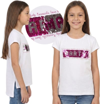 Wit T-shirt met korte mouwen voor meisjes, omkeerbare pailletten, MERMAID, T-shirt 100% VISCOSE