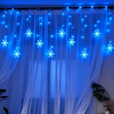 MUPOO Sneeuwvlok Lichtgordijn, LED Lichtsnoer op Batterij met Timer en 8 Lichtstanden, IP44 Waterdicht - Kerstverlichting, Laag Voltage - Fairy Lights met Haak voor Raam, Tuin en Feestdecoratie-Blauw licht