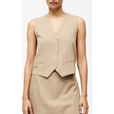French Connection Linen Single Breasted Waistcoat Incense Size: 6 | Vests Outlet | Dames | Beige