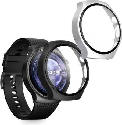 kwmobile 2x cover geschikt voor Huawei Watch 5 46mm - Fitnesstracker cover van gehard glas en kunststof frame set zwart / zilver