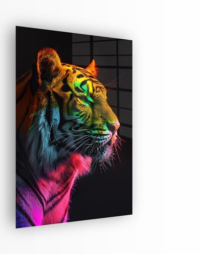 Indoorart - Glasschilderij Tijger Regenboog Zijkant 40x60 CM - Afbeelding op plexiglas - Inclusief montagemateriaal