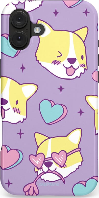 Casetastic hoesje geschikt voor Apple iPhone 16 Plus - MagSafe - Dubbellaagse bescherming - Liefde is een Corgi - Fashion Case - Lila Goud Wit Beige