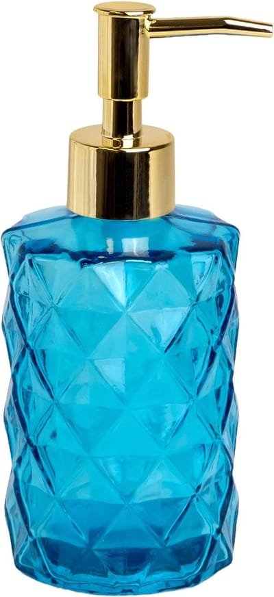 Intirilife zeepdispenser van glas in blauw met geruit patroon - 310ml inhoud - dispenser voor zeepdispenser handzeepdispenser voor keuken badkamer navulbaar met pompje