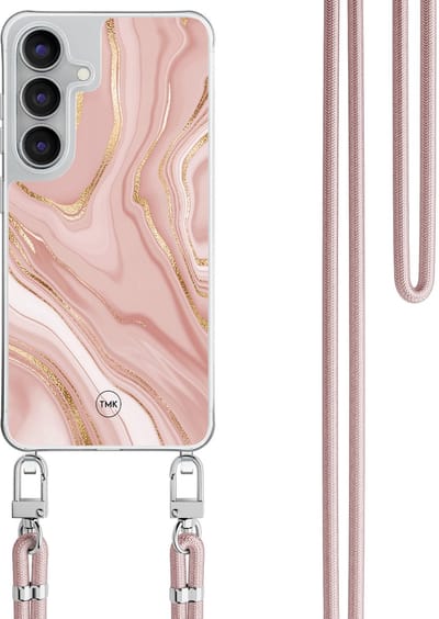 Telefoonhoesje met koord geschikt voor Samsung S25 FE - Rose marble - Inclusief Rosegoud koord - Transparant, Roze - Marmer - Crossbody beschermhoes - Met Telefoonketting