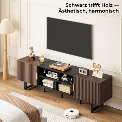 TV-kast 180 cm | Modern lowboard voor televisie 65-75-80 inch, 2 deuren + 3 open vakken, zwart/walnoot, stabiel en duurzaam | Abkantoor