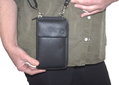 Oi zwart lederen Portemonnee tasje met ruimte voor telefoon / damesportemonnee voor veel pasjes om om te hangen met vakje voor mobiele telefoon / telefoontasje en ritsportemonnee in 1 / RFID SAFE / zwart leer / 420