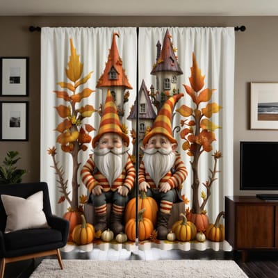 2 pièces HD Thanksgiving château américain citrouille Feuille d'érable vieil homme rideau décoratif Jaune cravate rideau imprimé numérique maison de W52H63inchW132H160cm white