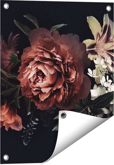 Gards Tuinposter Bloemen op een Zwart Achtergrond - 40x50 cm - Tuindoek - Tuindecoratie - Wanddecoratie buiten - Tuinschilderij