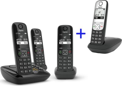 Gigaset AS690A Trio Promo pack incl. gratis handset A690HX - Black&Silver quattro aktieverpakking, verlichte toetsen, groot display, handsfree bellen, 3 zwarte handsets + 1 zwart/zilver