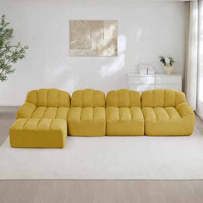 MODFU Modulaire Hoekbank - Met Voetenbank En Diepe Zitting - Organische Vorm - Voor Woonkamer - Fleece Met Structuur - Geel