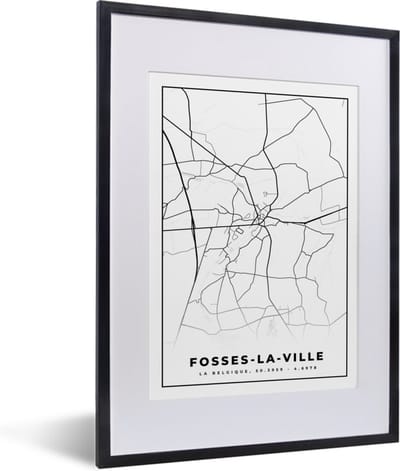 Fotolijst incl. Poster Zwart Wit- Plattegrond – Fosses la Ville – Zwart Wit – Stadskaart - Kaart - België - 30x40 cm - Posterlijst