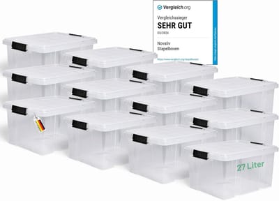 Novaliv 12x opbergdozen met deksel 27L transparant nestbaar stapelbaar opbergdozen met clipsluiting kunststof doos BPA-vrij 46,5x36,5x24 cm
