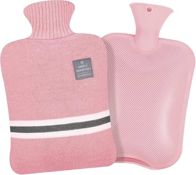 Grote 2 Liter Warmwaterkruik met Zachte Gebreide Cover - Lekvrij en Ideaal voor Pijnverlichting en Warmte- of Koude Therapie (Roze)