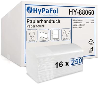 Papieren handdoeken 4000 vellen, 2-laags, V-vouw, 24 x 21 cm voor dispensers en sanitaire ruimtes