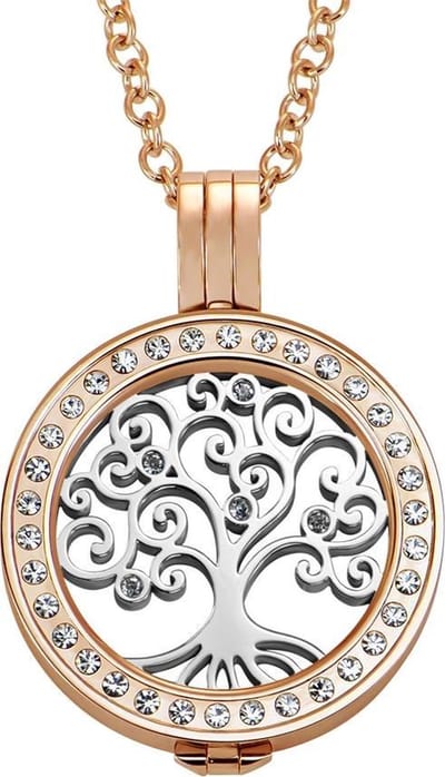 Quiges Munthouder met Ketting en Munt 25mm Levensboom - RVS Roségoudkleurig met Zirkonia - EPRHZ786
