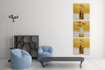 Drieluik Canvas Schilderij Modern Goud – Vaas en Bloem Collectie - 3x30x30 cm