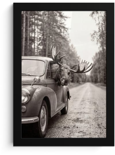 Poster in lijst - Fotolijst 20x30 cm - Posters - Eland - Auto - Gewei - Zwart - Wit - Posterlijst zwart - Decoratie - Wanddecoratie woonkamer - Muurdecoratie slaapkamer
