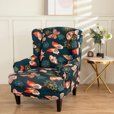 Housse de chaise à oreilles imprimée extensible, housse de fauteuil élastique en Spandex, housse de canapé de détente à dos d'aile d'europe avec housse de coussin de siège black