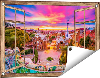 Gards Tuinposter Doorkijk Park Güell Uitzicht op Barcelona - 60x40 cm - Tuindoek - Tuindecoratie - Wanddecoratie buiten - Tuinschilderij