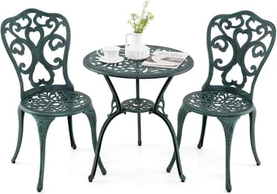 KOMFOTTEU Tuinmeubelset, 3-delig, jacht, bistroset met gat voor parasol, tafel met draagkracht 90 kg en 2 stoelen met draagkracht van 180 kg, meubels voor balkon, terras en terras (groen)