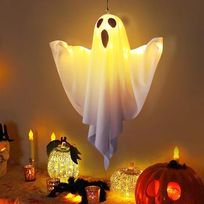 Decoratieve verlichting - Halloween spookdecoraties - LED Halloween decoraties met 3 lichtstanden, Halloween decoraties voor buiten, Weerbestendige hangende spookdecoraties, 50 x 40 cm, Geschikt voor Halloween decoraties binnen en buiten, Wit