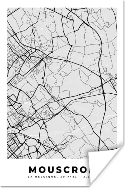 Poster Stadskaart – Zwart Wit - Kaart – Mouscron – België – Plattegrond - 120x180 cm XXL