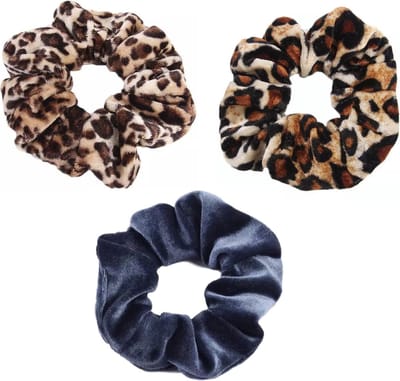 Scrunchie 3 stuks Velvet Extra Vol en Luxe - haarelastiek haarwokkel scrunchies - blauwgrijs - panterprint bruin/zwart - panterprint bruintinten  - Kraagjeskopen.nl