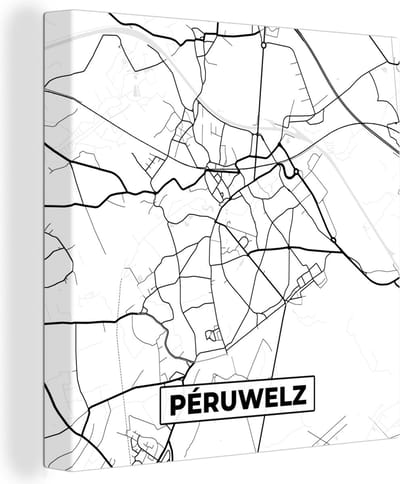 Canvas Schilderij België – Péruwelz – Stadskaart – Kaart – Zwart Wit – Plattegrond - 20x20 cm - Wanddecoratie