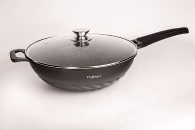 Cheffinger Wokpan met Steel - 32cm - Zwart - Aziatisch Koken - Oriental Cooking