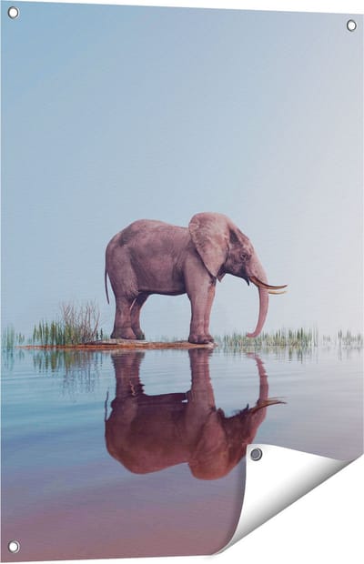 Gards Tuinposter Olifant bij het Water - 60x80 cm - Tuindoek - Tuindecoratie - Wanddecoratie buiten - Tuinschilderij