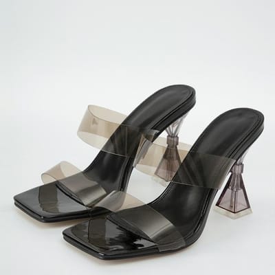 Liyke Zomer 9 .5 Cm Transparante Hakken Voor Vrouwen Slippers Schoenen Mode Vierkante Neus Pvc Transparante Slippers Dames Sandalen Pumps Maat 42 39 zwart