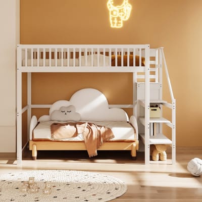 Zubaliya Kinderhochbett - 140x200 cm Wit - Hout - Trap - Kleiderschrank