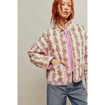 Winterjassen Dames Bovenkleding Korte Pufferjas Trend Lichtgewicht Bloemenprint Lange Mouw Gewatteerd Gewatteerde Puffy Cardigan Jas L roze