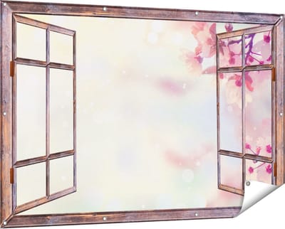 Gards Tuinposter Doorkijk Roze Bloesemboom met Zonneschijn - 150x100 cm - Tuindoek - Tuindecoratie - Wanddecoratie buiten - Tuinschilderij