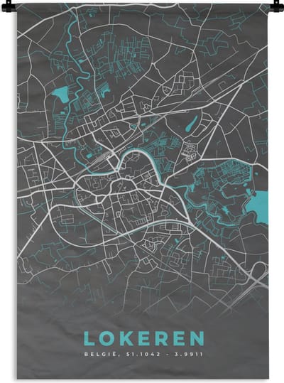 Wandkleed - Wanddoek - Stadskaart – Grijs - Kaart – Lokeren – België – Plattegrond - 120x180 cm - Wandtapijt