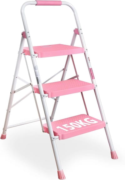 Opvouwbare Ladder - Huishoudtrap Keuken - Klusjes in Huis - Brede Antislip Pedalen - 150KG Capaciteit - Roze