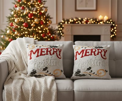 Urbane Hide | Set van 2 Kerst Kussenhoezen | Kussenhoes | Kussenhoesjes | Borduurwerk & kralenwerk | Merry Christmas tekst met hulst | 45x45 cm | Katoen/linnen | Rood/wit | Zonder Binnenkussen