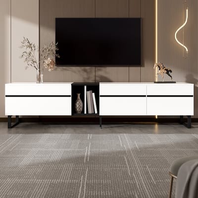 Wishdor Tv-Meubel - 180 X 38 X 45 Cm - Klepdeur - Open Vak - Dubbele Deuren - Verstelbare Poten - Spaanplaat - Wit