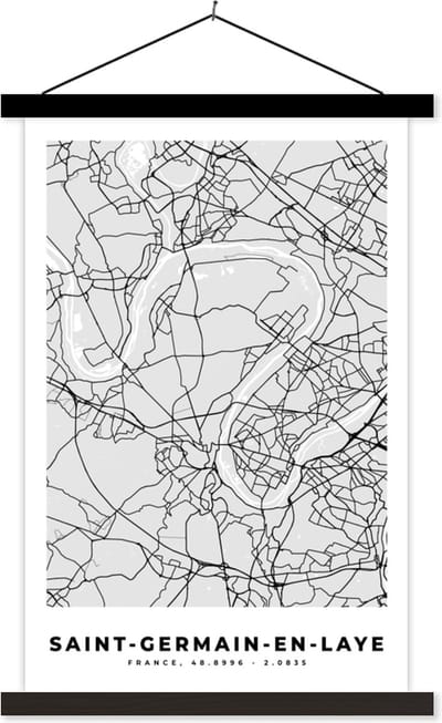 Posterhanger incl. Poster 40x60 cm - Schoolplaat - Stadskaart – Frankrijk – Kaart – Saint-Germain-en-Laye – Plattegrond - Textielposter - Zwarte latten - Stadskaart