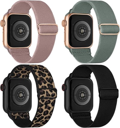 Rekbare nylon solo-lusband gescht voor Apple Watch-bandjes 38 mm 40 mm 41 mm 42 mm 44 mm 45 mm 49 mm, verstelbare gevlochten sportelastiekjes voor dames heren polsbandjes voor iWatch serie 8/Ultra/7/6/5/4/3/2/1 SE, 4 packs, Pink/PineGreen/Leopard/Bla