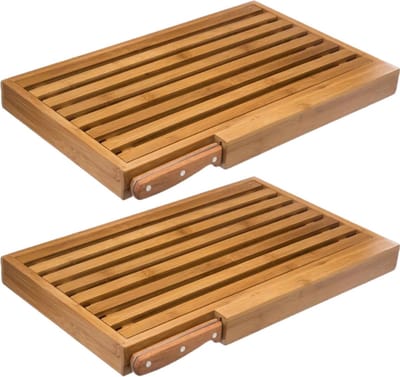 5Five Brood snijplank - 2x - met kruimel opvangbak - 44 x 27 cm - bamboe hout - inclusief broodmes