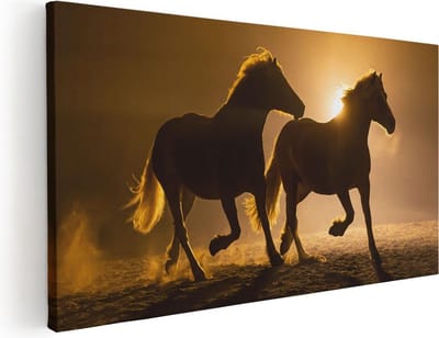 Artaza Canvas Schilderij Paarden - 40x20 cm - Klein - Wanddecoratie Zonsondergang - Muurdecoratie Dieren - Schilderijen Op Canvas