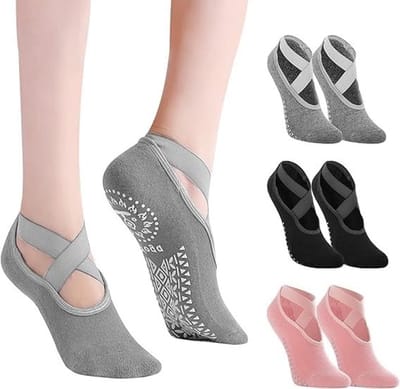 3 Paar Yoga Sokken met Kruisbanden, Antislip Pilates Sokken voor Dames, Geschikt voor Yoga, Dans en Fitness, Maat 35-38/39-42 (Zwart/Grijs/Roze)