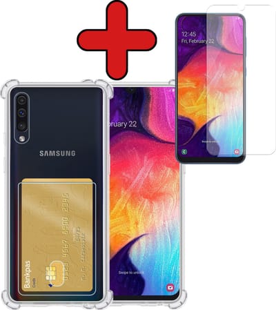 Hoesje - Geschikt voor Samsung Galaxy A50 / A50s - Met Screenprotector - Pashouder - Kaarthouder - Back Cover - Telefoon Hoes Shockproof - Siliconen Case - Shock Proof - Pasjes Houder - Telefoonhoes - Transparant